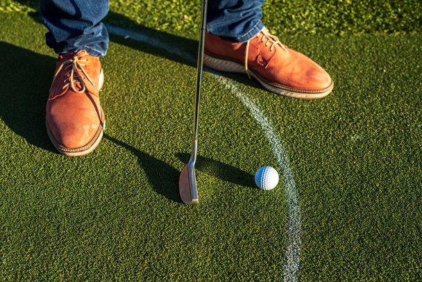 фотографія людини в коричневому взутті грає в гольф на газоні
 - Фото, зображення