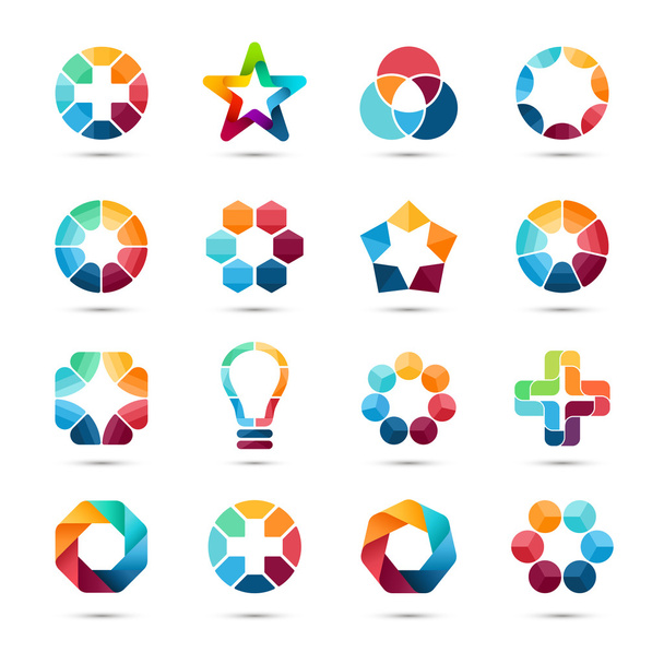 Logo templates set. Abstract circle creative symbols. Circles, plus signs, stars, triangle, hexagons, bulb and other design elements. - Vector, Image