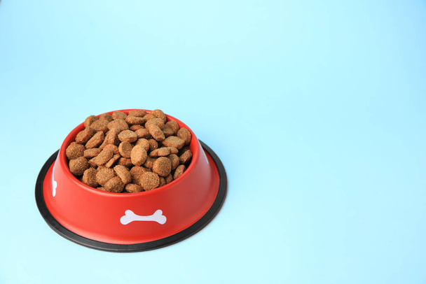 Dry dog food in feeding bowl on light blue background. Space for text - Foto, Bild