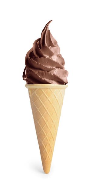 Delicious soft serve chocolate ice cream in crispy cone isolated on white - Fotoğraf, Görsel
