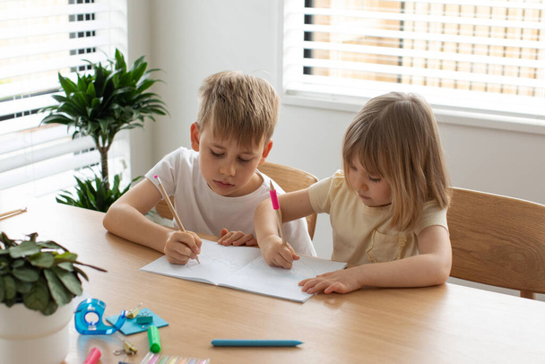 Brother and sister write and draw together with pencils at the table. A friendly family. The concept of home schooling. - Fotografie, Obrázek
