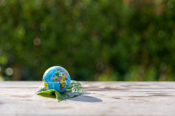 el pequeño globo, la tierra está a la mano, hierba, hoja. El globo tiene mapas en él y mapa ambiental. El mapa de la tierra muestra continentes geográficos, países. La bola del globo es el símbolo de nuestro planeta tierra. - Foto, Imagen