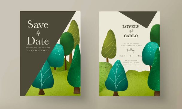 gyönyörű kézzel rajzolt zöld táj és fa meghívó kártya sablon - Vektor, kép