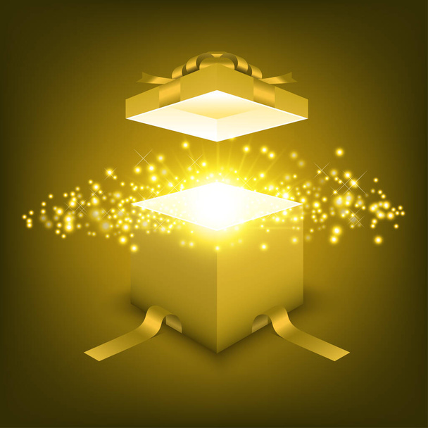 Open gift box with golden ray light - Vector, Image