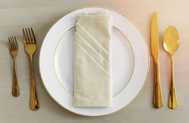 Gold cutlery table setting flatlay - Photo, Image