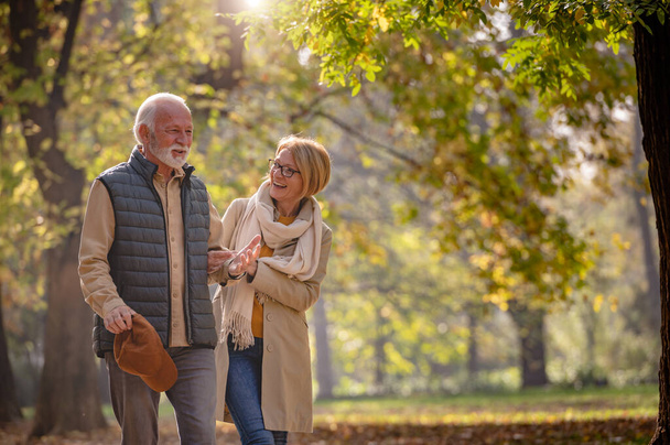 Glückliches Seniorenpaar spaziert durch Herbstpark - Foto, Bild