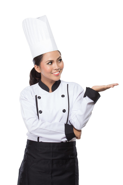 beauty woman chef presenting - Zdjęcie, obraz