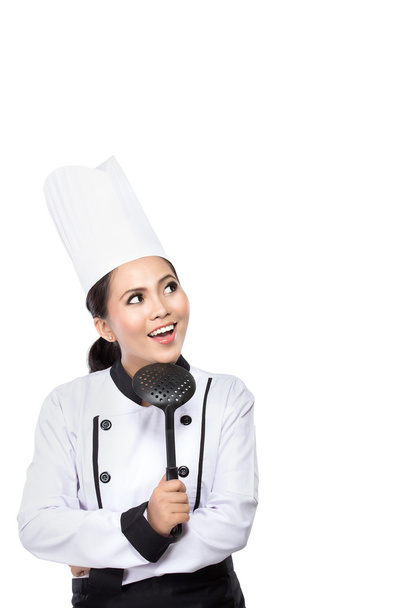 young  woman Chef thinking - 写真・画像