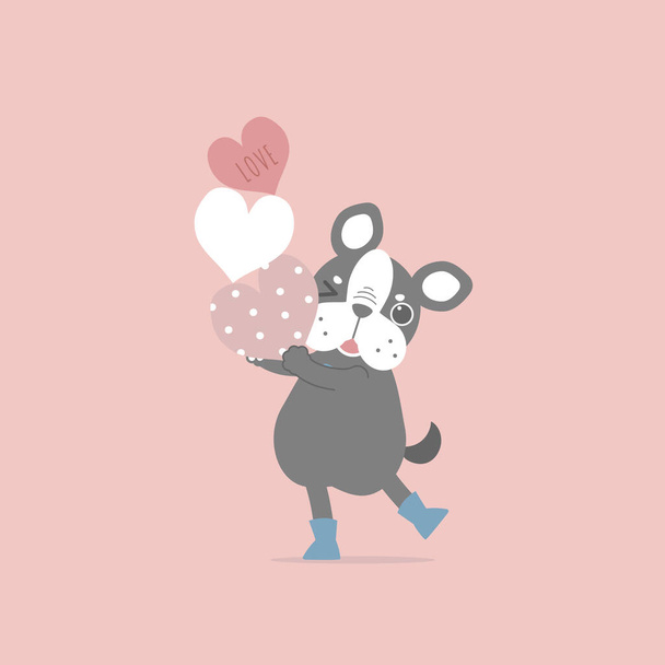 cute and lovely dog holding heart, happy valentines day, birthday, love concept, flat vector illustration cartoon character costume design - Vektör, Görsel