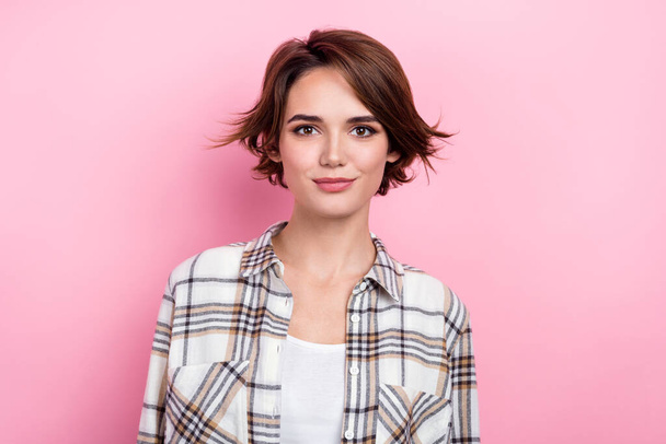 Portrait of young serious business lady brown bob hair wear plaid white shirt posing company director isolated on pink color background. - Zdjęcie, obraz