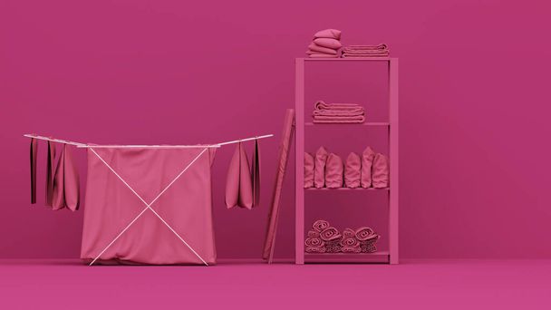 Viva magenta is a trend colour year 2023 in  laundry room equipment concept. Washing machine and clothes on a hanger, storage shelf in monochrome pink background.3d render - Photo, image