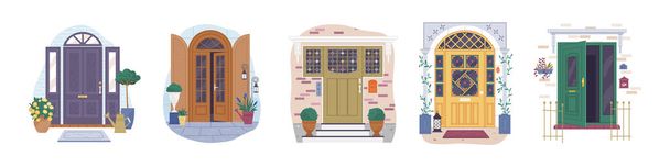 Set of different house entrances, porches and closed doors. Entries to apartments with potted plants, mats, lamps and letterboxes on facade. Colored flat vector exterior of house in different style - Вектор,изображение