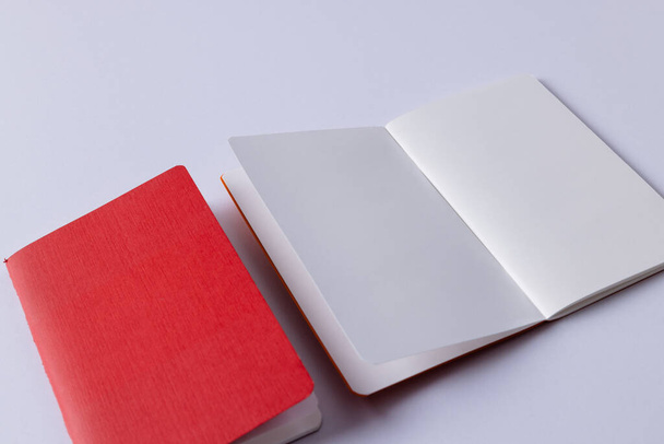 Close up of red notebook and open book with copy space on white background. Literature, reading, writing, leisure time and books. - Valokuva, kuva
