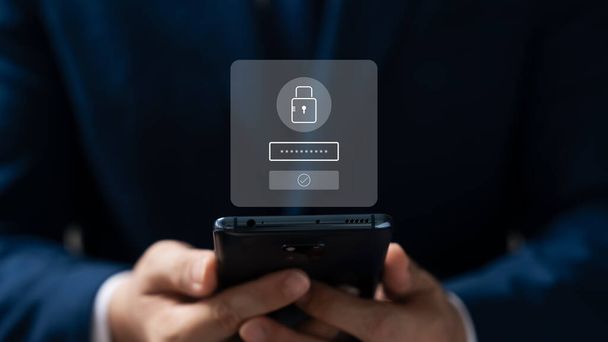 Ochrana dat o kybernetické bezpečnosti, podnikatel využívající zabezpečení sítě chytrého telefonu, ochrana dat o obchodních a finančních transakcích před kybernetickým útokem, šifrování uživatelských dat. - Fotografie, Obrázek