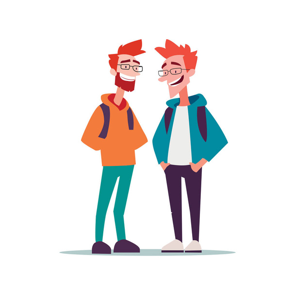 using vector illustration two young boys with backpacks laughing with each other. happy friendship day  - Vector, Image