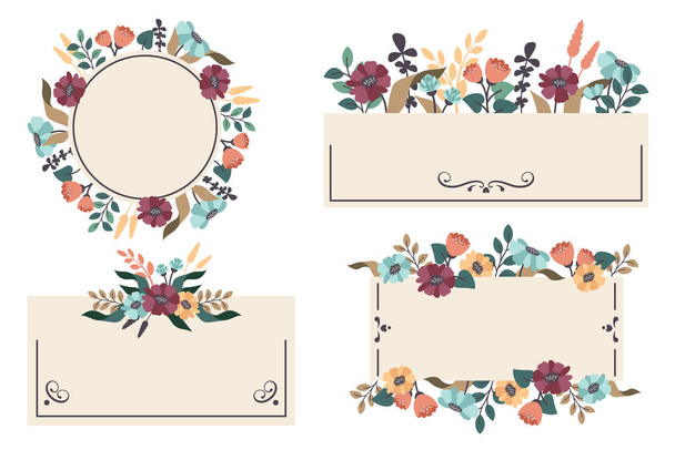 Set van bloemen vintage frames. Handtekening Sjablonen van frame rand met herfstbloemen, bloeiende wilde bloemen krans. Vector platte illustratie voor uitnodiging, aankondigingen, kaarten, reclame, verkoop - Vector, afbeelding