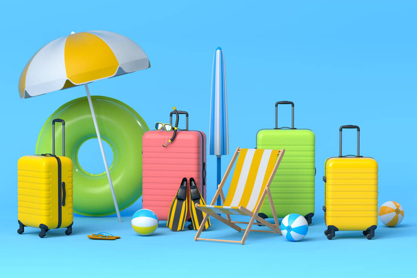 Colorful suitcase or baggage with beach accessories on blue background. 3D render of summer vacation concept and holidays - Φωτογραφία, εικόνα