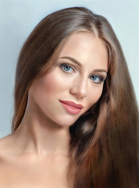 Close-up portrait of beautiful smiling young woman with long brown hair. Natural beauty and fashion - Photo, Image