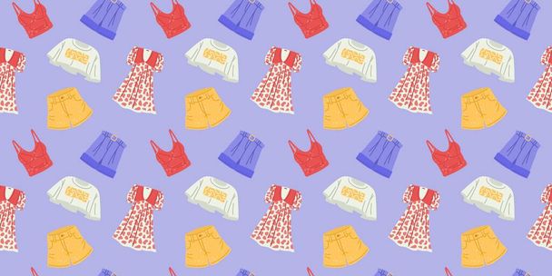 Seamless pattern with summer women s clothing. Shorts, tops and a dress on a blue background. Flat vector illustration. - Vector, Image