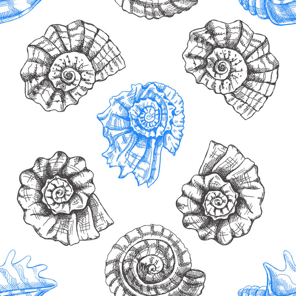 Hand drawn  prehistoric ammonite, seashell seamless pattern. Sketch style vector illustration isolated on white background - Vecteur, image