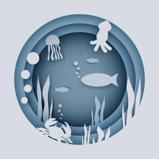 Ocean illustration with fish, jellyfish, octopus, seaweed and crab. Paper cut style. world ocean day - Vektör, Görsel