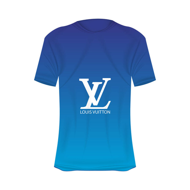 T-Shirt-Attrappe mit Louis-Vuitton-Logo in blauen Farben. Attrappe eines realistischen Hemdes mit kurzen Ärmeln. Leere T-Shirt-Vorlage mit leerem Raum für Design. Marke LouisVuitton. - Vektor, Bild
