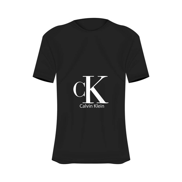 Calvin Klein logosu siyah renkli tişört modeli. Kısa kollu gerçekçi gömleğin maketi. Tasarım için boş alanı olan boş tişört şablonu. CalvinKlein markası. - Vektör, Görsel