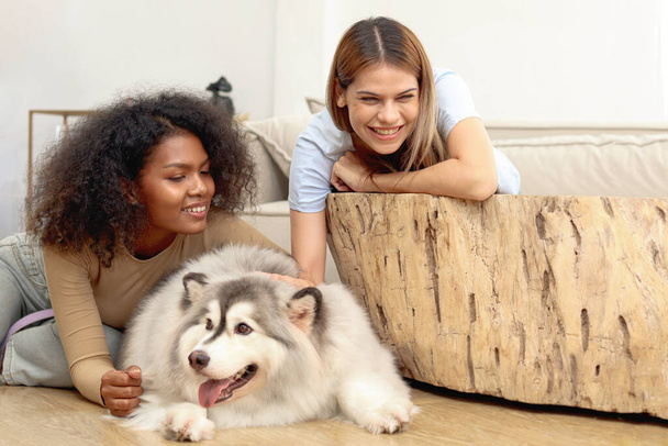 Happy homosexual lesbian LGBT couple with pet dog relaxing in living room at home, beautiful woman with her lover African curly hair girl friend spending time together, romantic gay pride family. - Photo, Image