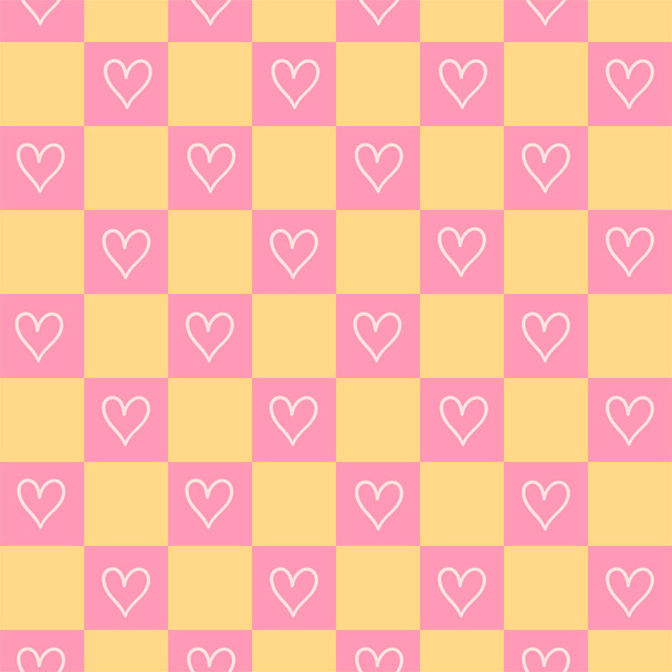 Niedliches, nahtlos kariertes Muster mit Herzen in rosa und gelb. Vektorbild. - Vektor, Bild