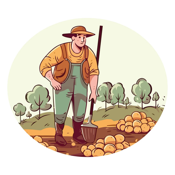 農家は芝生を掘ったり野菜を植えたり - ベクター画像