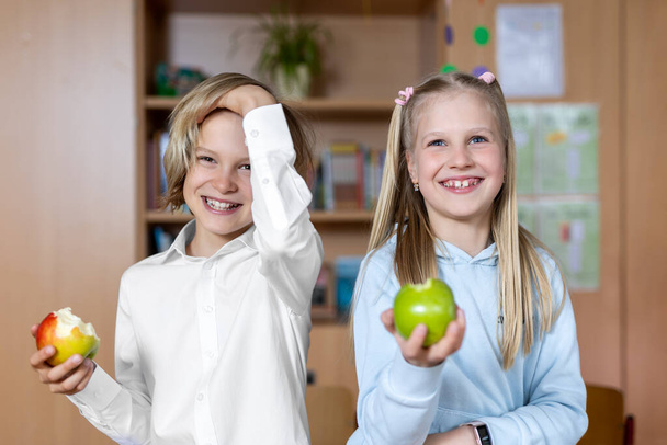 Portrait of two cute caucasian young blond little classmate friend kids eating apple in classroom at lunch time pause. Schoolchildren friendship. Healthy snack food. Back to school concept. - Fotografie, Obrázek