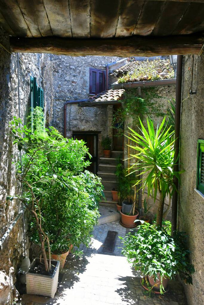 Вузька вулиця між старими будинками Олевано Романо, середньовічного міста в районі Лаціо (Італія).. - Фото, зображення