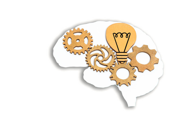 Flat brain shape adorned with wooden gears and a light bulb symbol isolated on white. Inspired thinking and problem-solving related concept. - Foto, Imagen