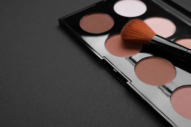Contouring palette and brush on black background, closeup with space for text. Professional cosmetic product - Φωτογραφία, εικόνα