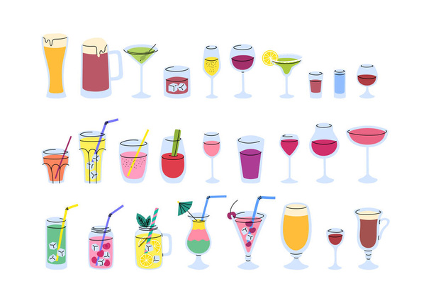 Vector glasses with alcohol and non alcohol drinks set. Doodle different types of glasses filled with beverages. Vodka, whiskey, rum, beer and wine types. Mojito, tequila isolated. - Вектор, зображення