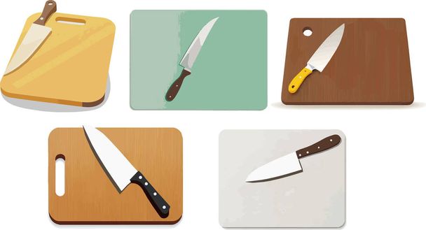 Set of cutting boards with a knife, for bread, meat, vegetables. Vector illustration - Vektör, Görsel