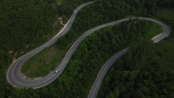 luchtfoto drone beelden van een bochtige asfaltweg op een bergketen tijdens de zomer auto rijden langs de kronkelende weg in Servië omgeven door groen en landschappen vervoer en reizen concept - Video