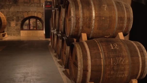 Wine or cognac barrels in cellar of winery, Wooden wine barrels in perspective. wine vaults. vintage oak barrels of craft beer or brandy. - Footage, Video