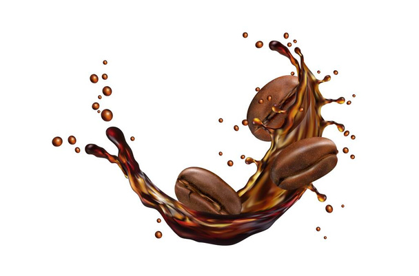 Bebida de café líquido respingo com grãos. Splatter marrom enérgico vetor 3d realista isolado com grãos torrados, capturando a essência de uma bebida aromática rica e revigorante indulgência - Vetor, Imagem