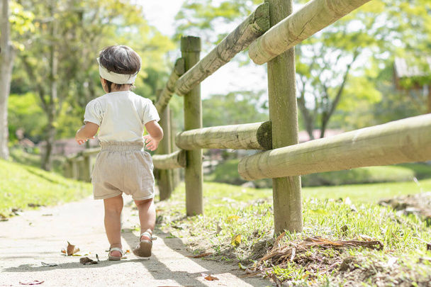 little latin girl walking along a path next to a wooden fence, in the middle of the green nature in a park. - Foto, Imagen
