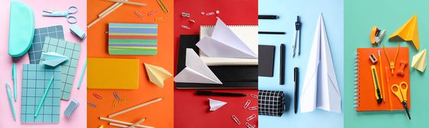 Set of school supplies and paper planes on color background - Photo, Image