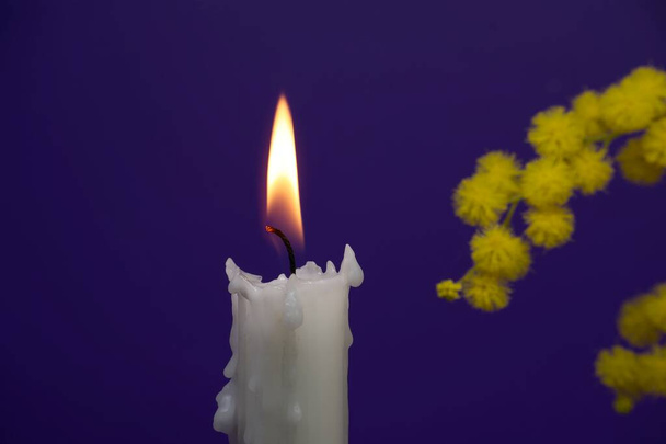 燃えるろうそくとミモザの花束に対してA紫の背景とともにフリーコピースペースのためのテキスト - 写真・画像