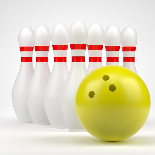 Boule de bowling jaune et épingles
 - Photo, image