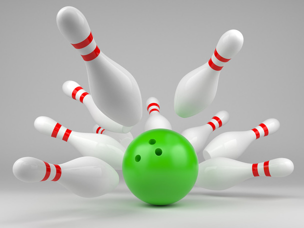 Zielone piłki bowling i kręgle rozproszone - Zdjęcie, obraz