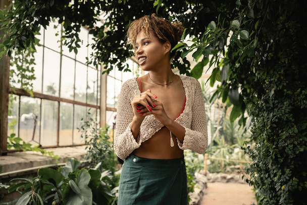 Positive young african american woman in trendy summer knitted top and skirt looking away while standing near green plants in garden center, stylish woman enjoying lush tropical surroundings - 写真・画像