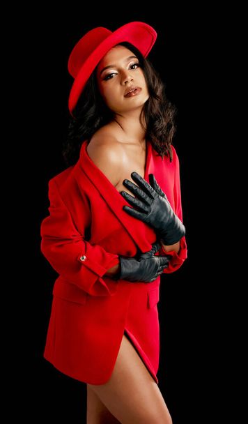 Woman, retro fashion and glamour portrait in studio with vintage style and cosplay agent. Young female person, black background and luxury outfit with cosmetics, clothes and model with confidence. - Fotoğraf, Görsel