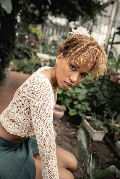 Portrait de jeune femme afro-américaine tendance en été tricoté haut regardant la caméra tout en passant du temps dans le centre de jardin flou à l'arrière-plan, fashionista se mélangeant avec la flore tropicale, été - Photo, image