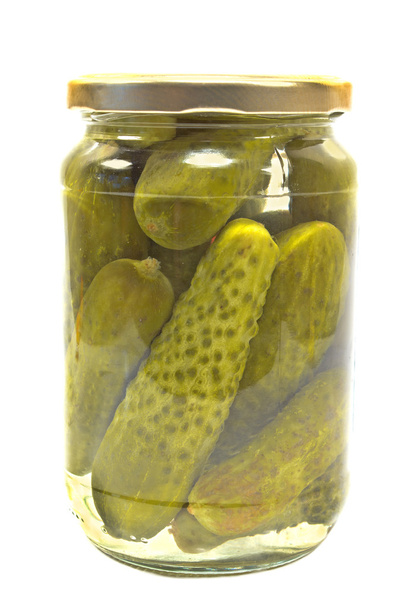 Pickled cucumbers in jar isolated on white - Fotoğraf, Görsel