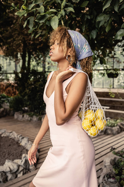 Side view of young trendy african american woman in headscarf and summer dress holding mash bag with fresh lemons while standing in blurred garden center, trendy woman surrounded by tropical lushness - Фото, изображение