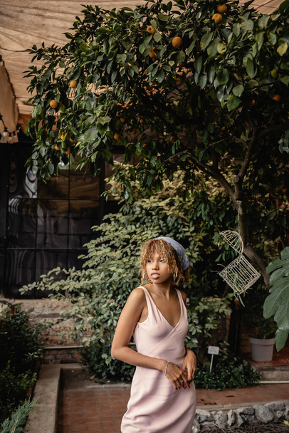 Sebevědomá africká americká žena v šátcích a letních šatech při pohledu pryč, zatímco tráví čas v blízkosti citronu a rostlin v oranžérii, žena v letním oblečení pózuje v blízkosti svěží tropické rostliny - Fotografie, Obrázek